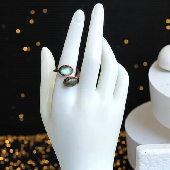 Boho Vintage Labradorite Ring Adjustable Open Wrap Handmade Copper Finishβ - Picture 8 of 11